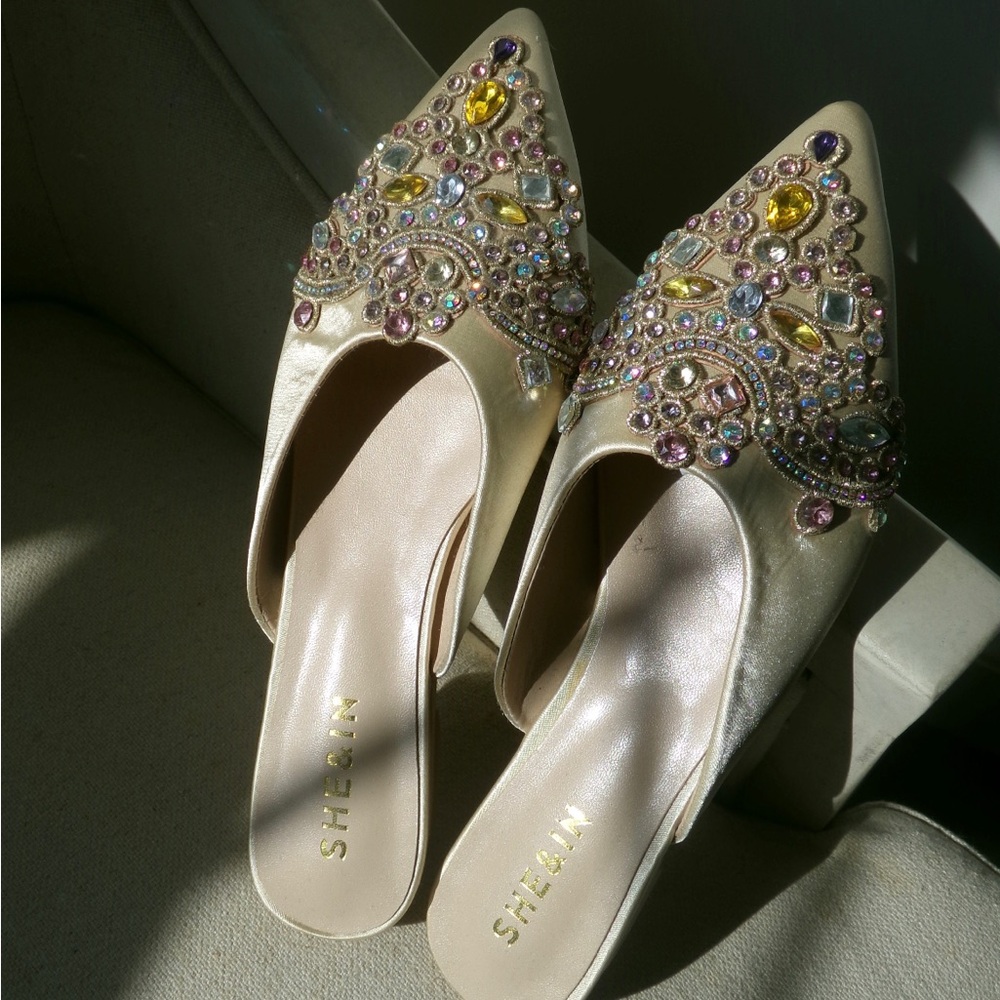SHEIN Cream Embellished Mules